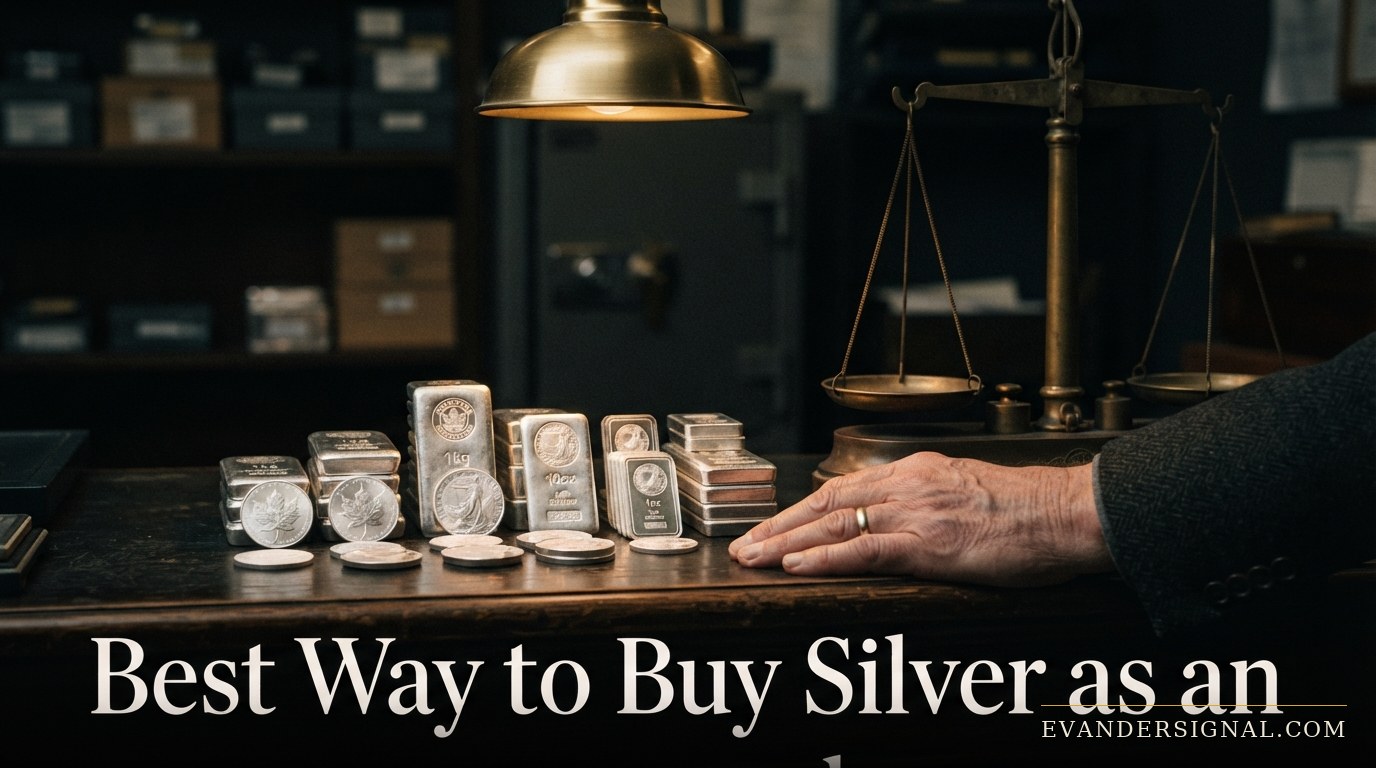 Silver bars and coins on a dealer's counter under warm lamplight, evoking the physical purchase of silver.