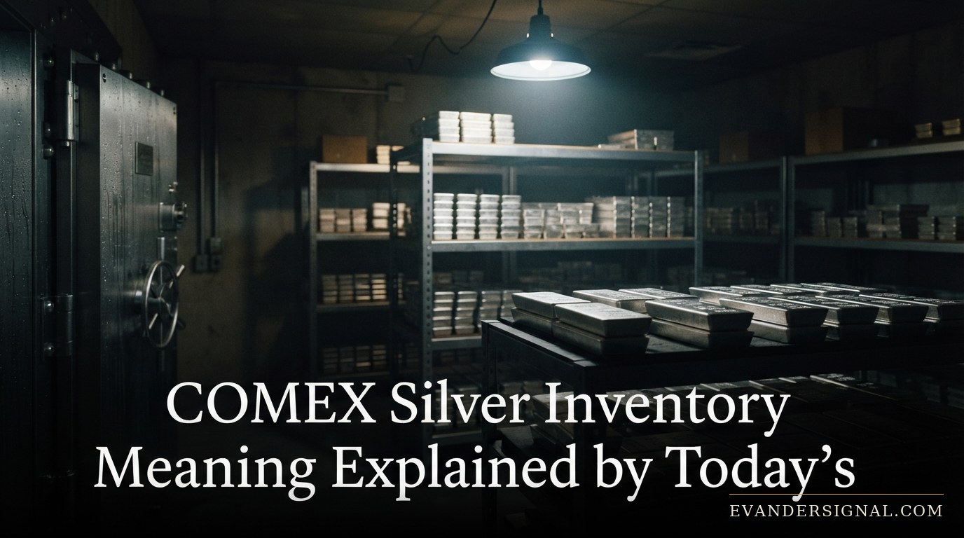 Rows of silver bars stacked in a dimly lit exchange warehouse vault