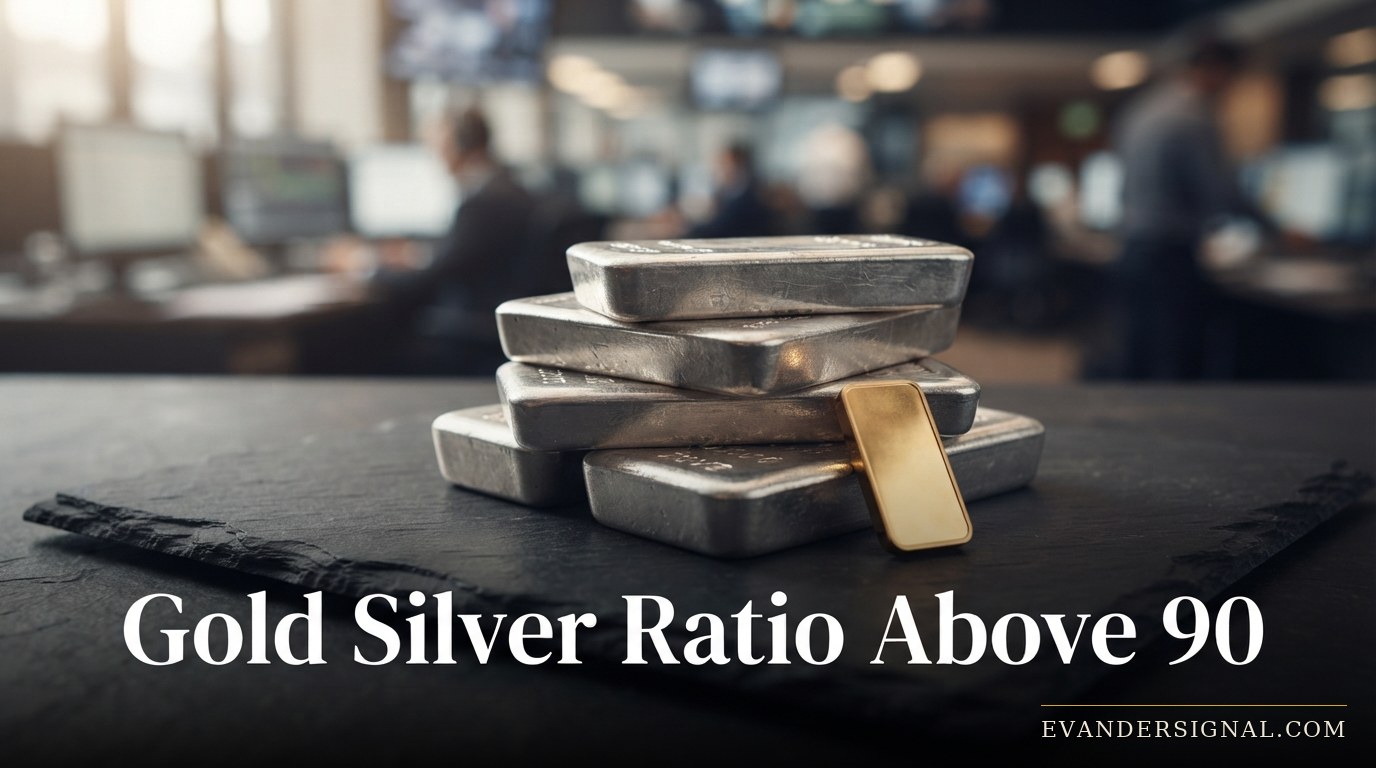 Stacked silver bars beside a single gold bar under dramatic side lighting, evoking the gold-silver ratio.