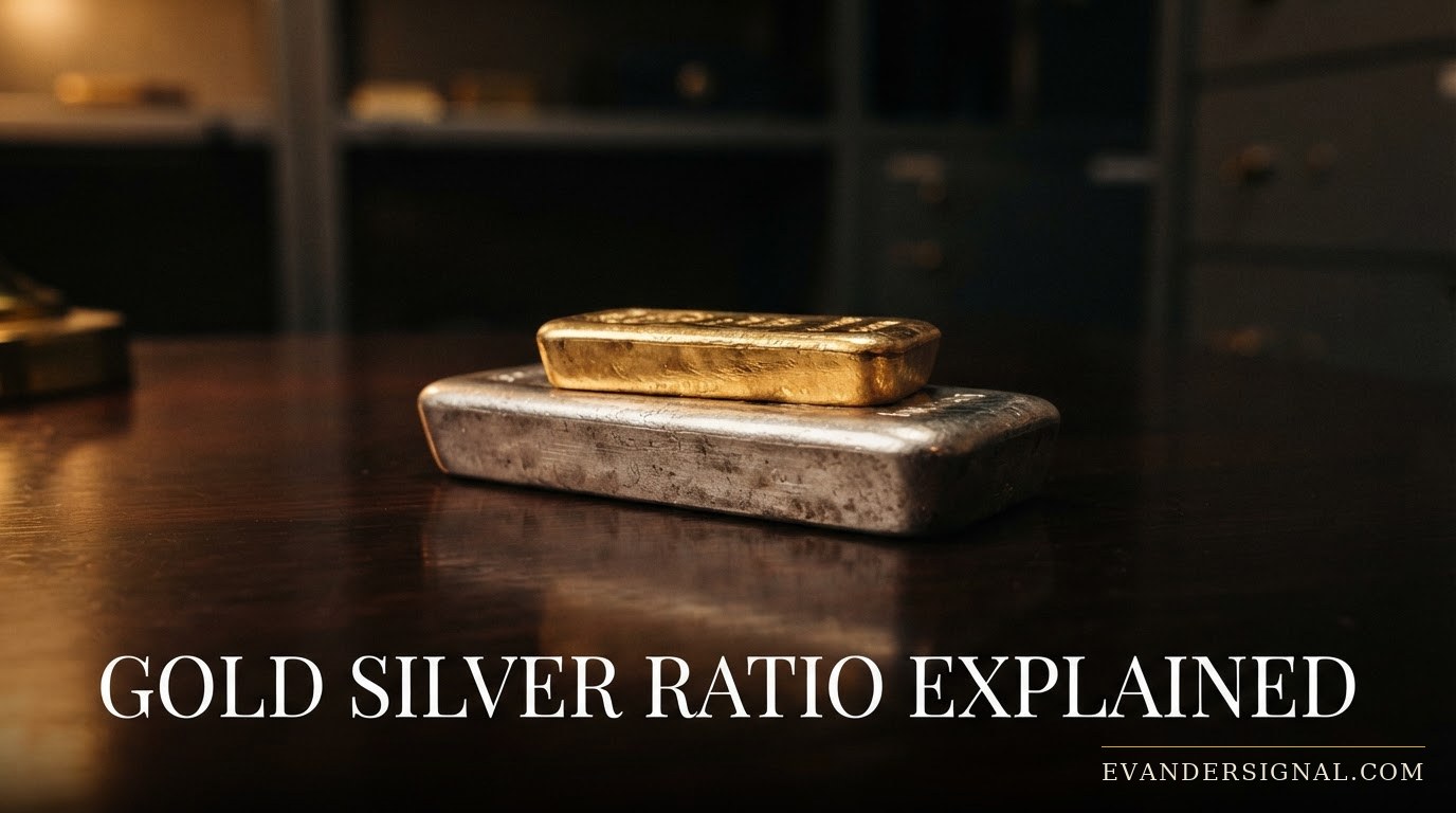 Gold and silver bullion bars side by side under low light in a vault, symbolising the gold-silver ratio