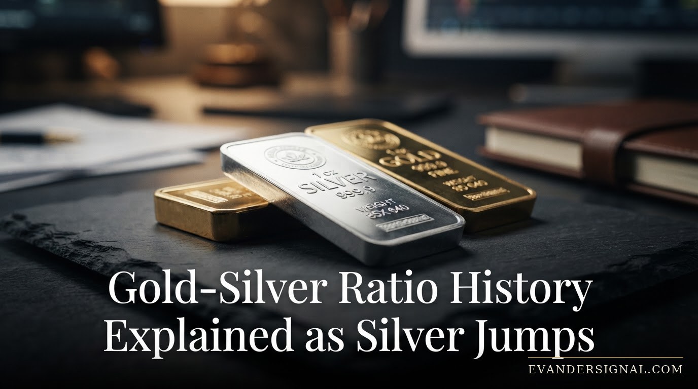 Stacked silver and gold bars on a dark surface under low studio lighting, silver in sharp focus.