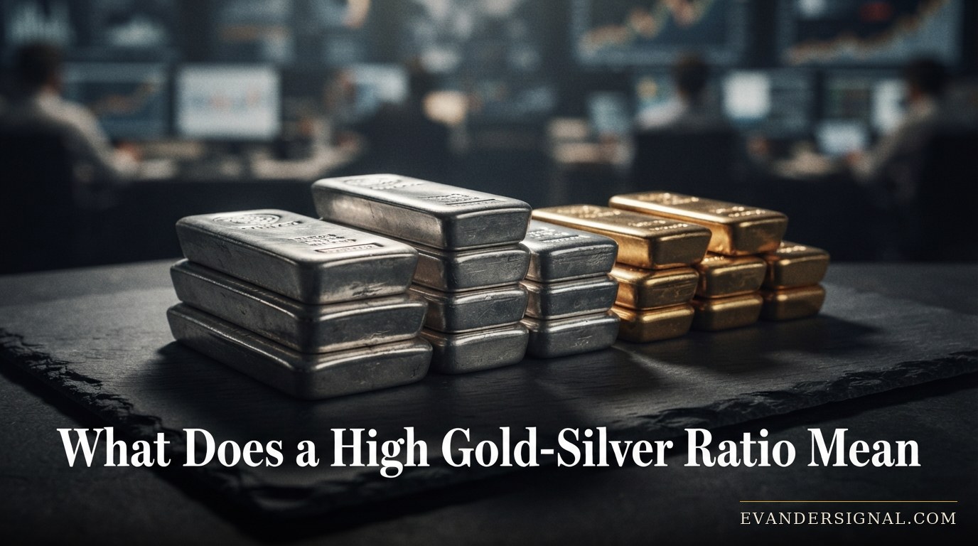 Stacked silver and gold bars on a dark surface under dramatic side lighting
