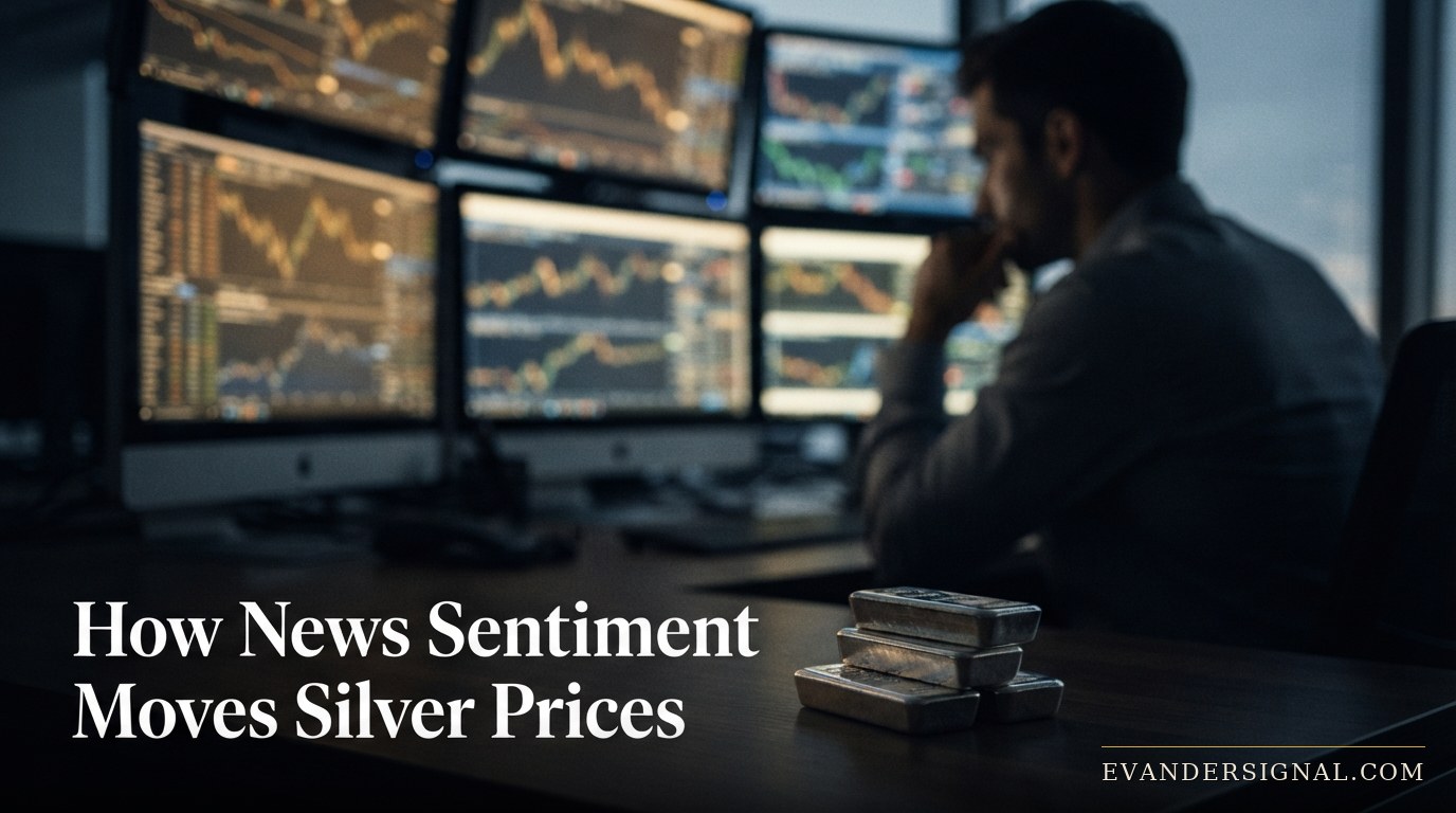 Silhouetted trader at dusk beside silver bullion bars, monitors glowing in the background