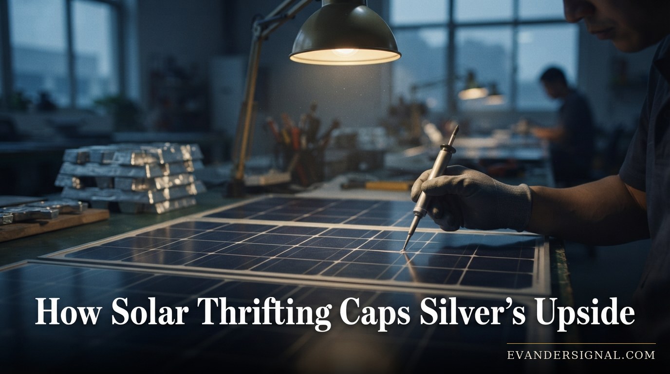 Technician applying fine metallic paste to a solar cell in a dim workshop, silver ingots blurred in the background.