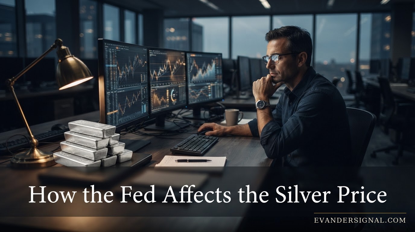 Trader studying monitors near stacked silver bars in a dimly lit dealing room
