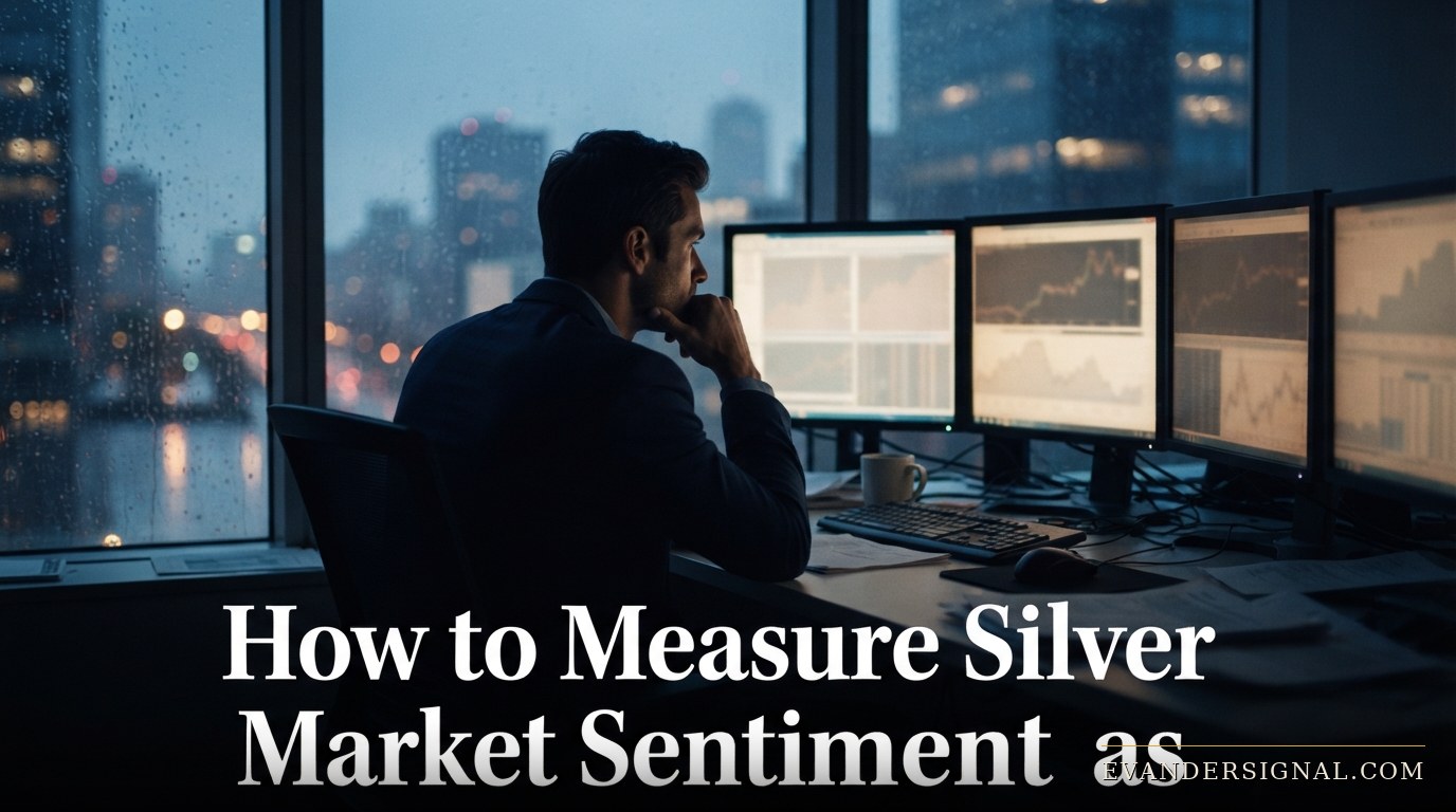 Silhouetted trader at a dimly lit desk overlooking a city skyline at dusk, evoking market tension.