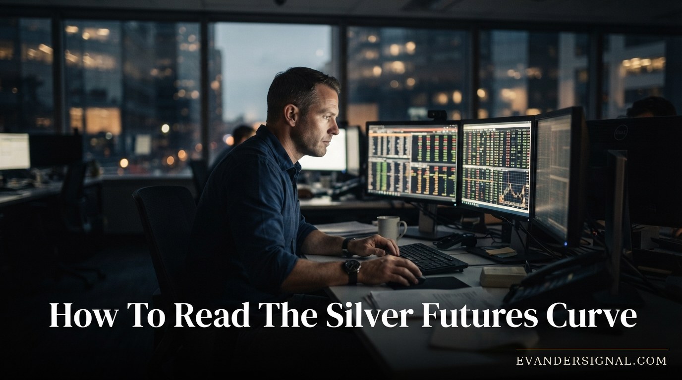 An analyst studies trading screens at dusk on a quiet market floor, reflecting a tense, watchful mood