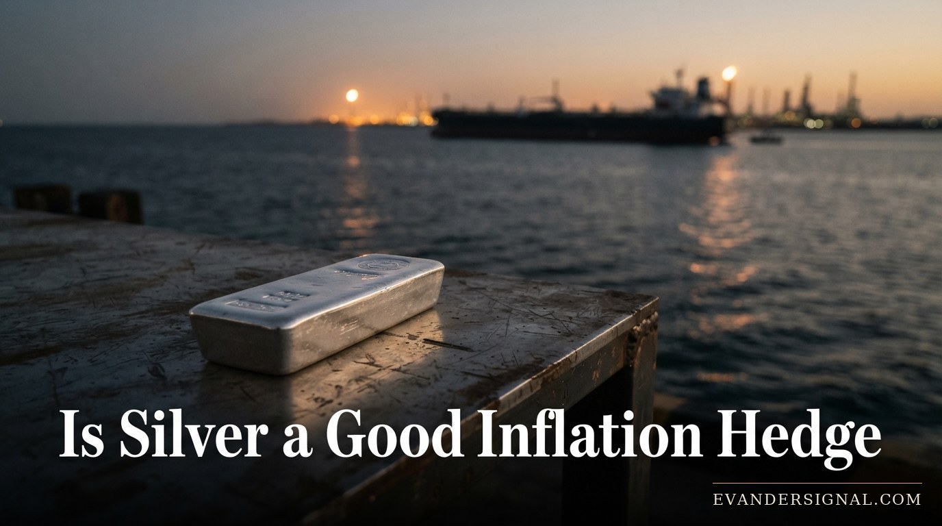 Oil tanker at dusk with a silver ingot on a dockside table, evoking the link between energy shocks and silver.
