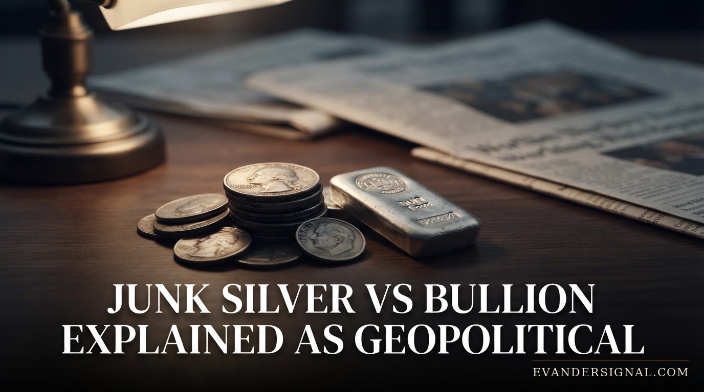 Worn silver coins beside a stamped silver bullion bar on a desk under warm lamp light