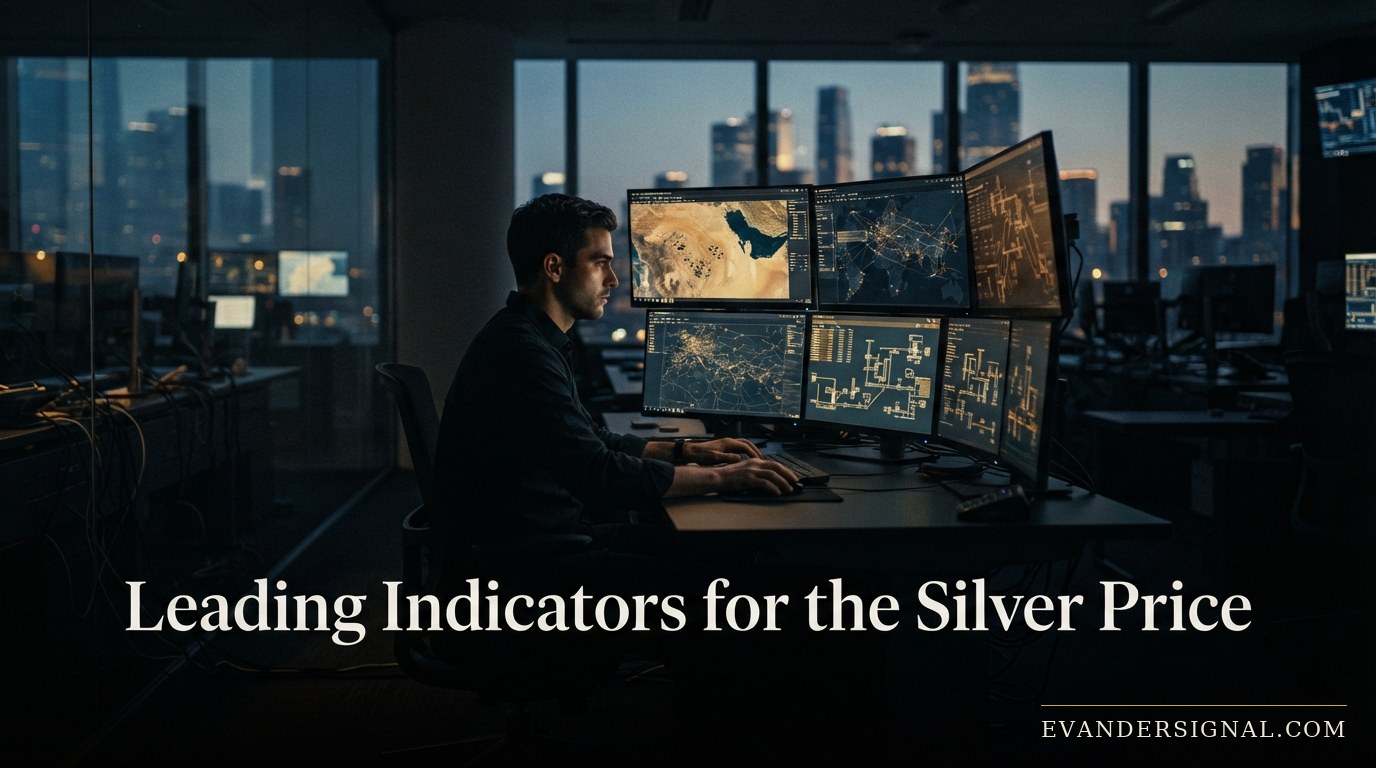 Silhouetted analyst watching screens reflecting Middle East imagery on a dim trading floor, evoking geopolitical risk driving markets.