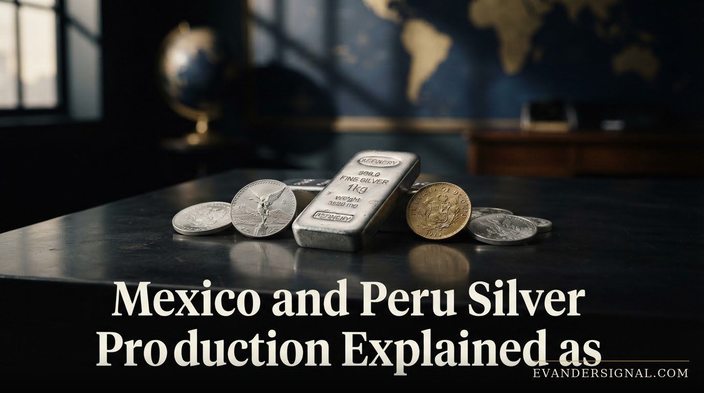 Silver bars on a dark table under moody lighting, evoking geopolitical tension driving the silver market.