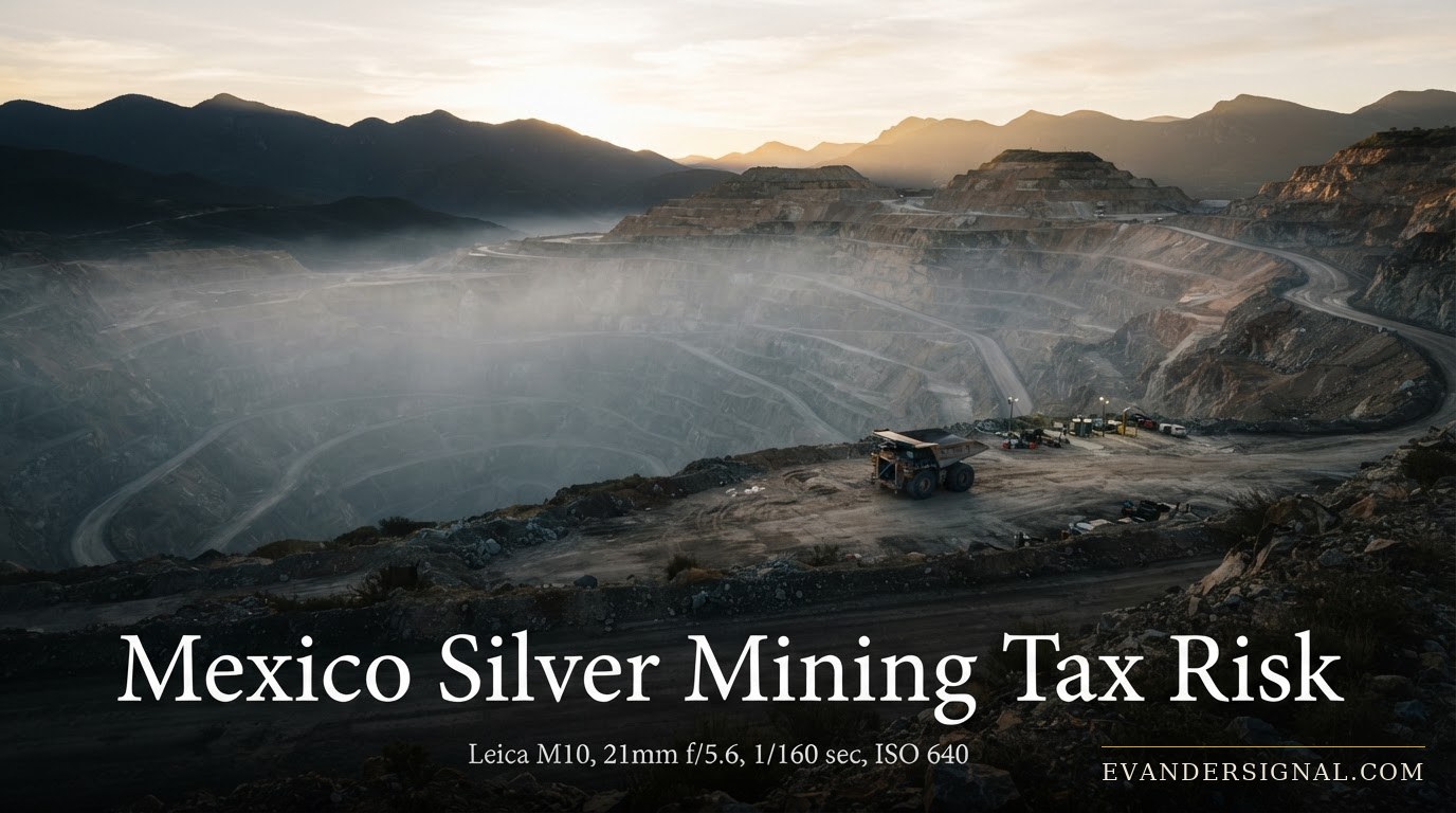 Idle haul truck at a misty open-pit silver mine in Mexico's highlands at dawn