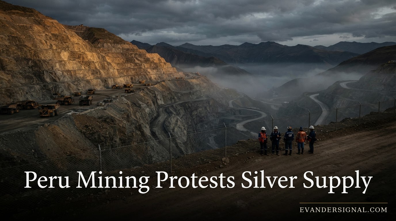Idle open-pit silver mine in the Peruvian Andes at dusk with workers standing near a perimeter fence.
