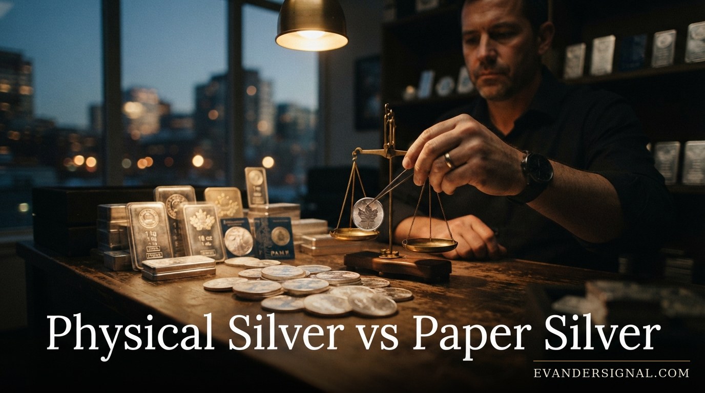 Silver bars and coins on a dealer's counter under warm light, evoking the physical bullion market.