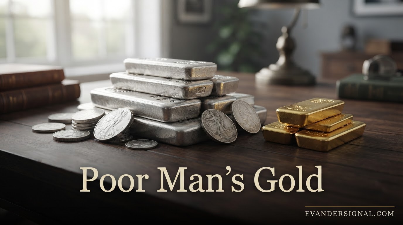 Silver bars stacked beside gold bars on a desk, evoking silver's role as gold's more accessible counterpart