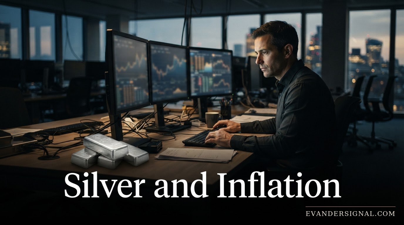 Analyst at monitors beside silver bullion bars in a dim trading office, evoking rate and inflation pressure on silver.