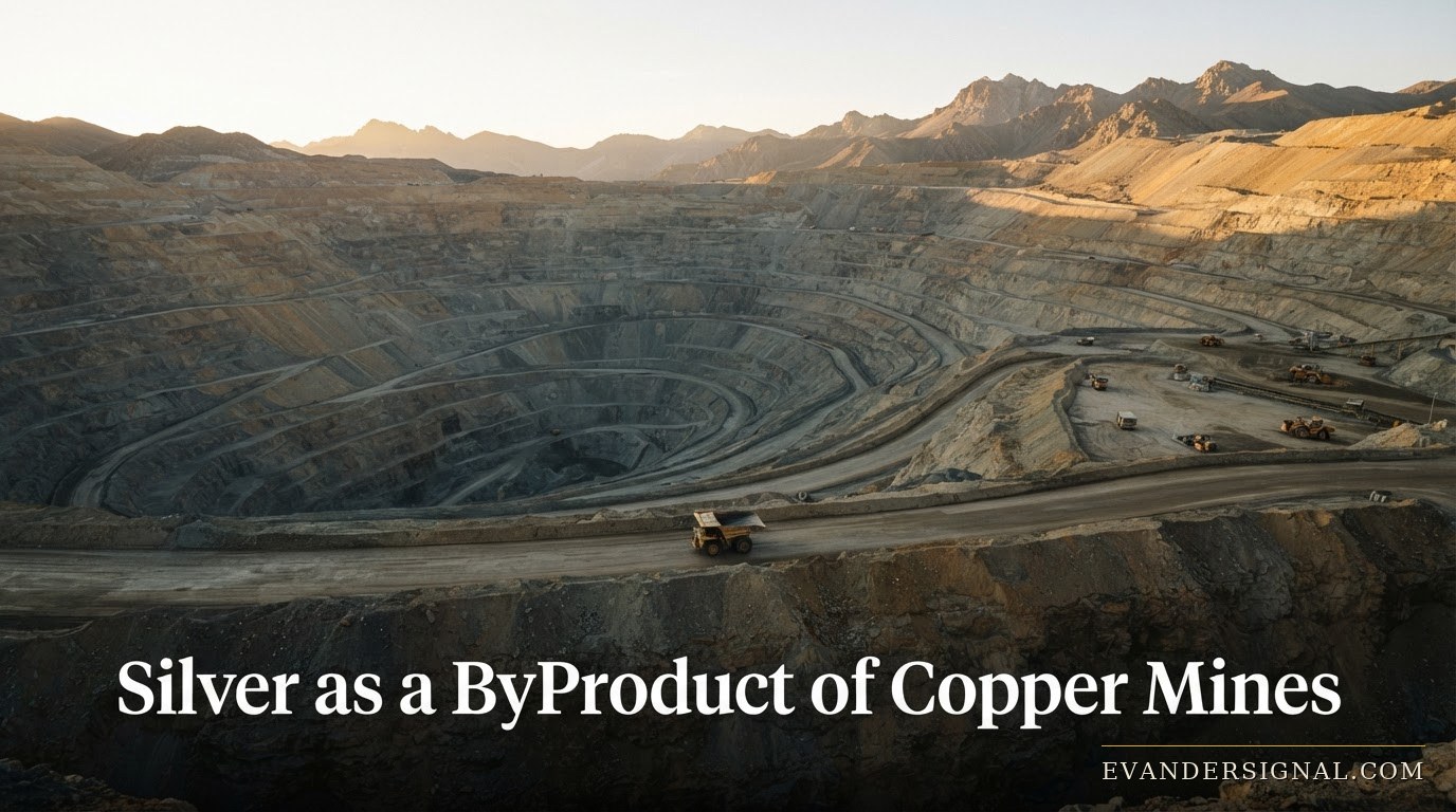 Open-pit copper mine at dawn, illustrating how silver is mined as a byproduct of copper extraction