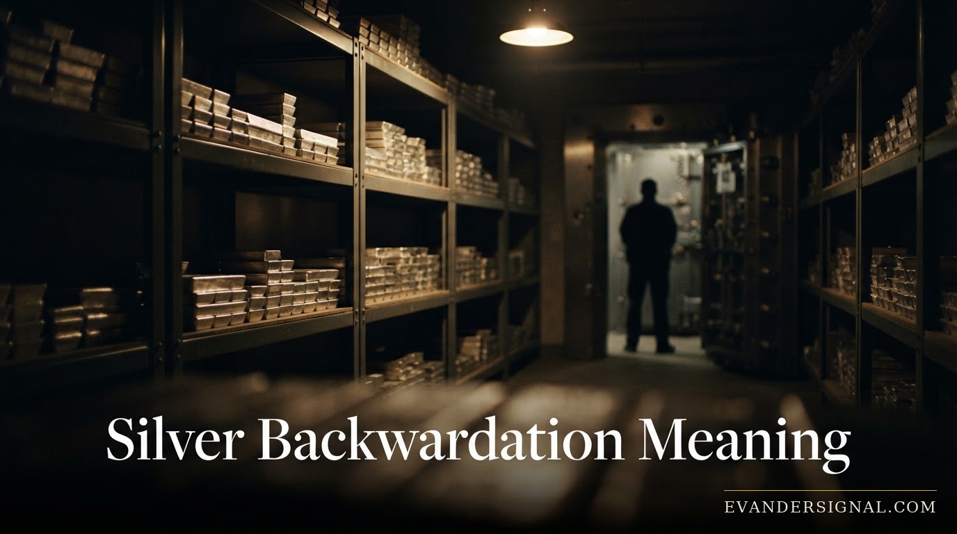 Stacked silver bars in a dimly lit vault, evoking tension over physical supply amid geopolitical risk