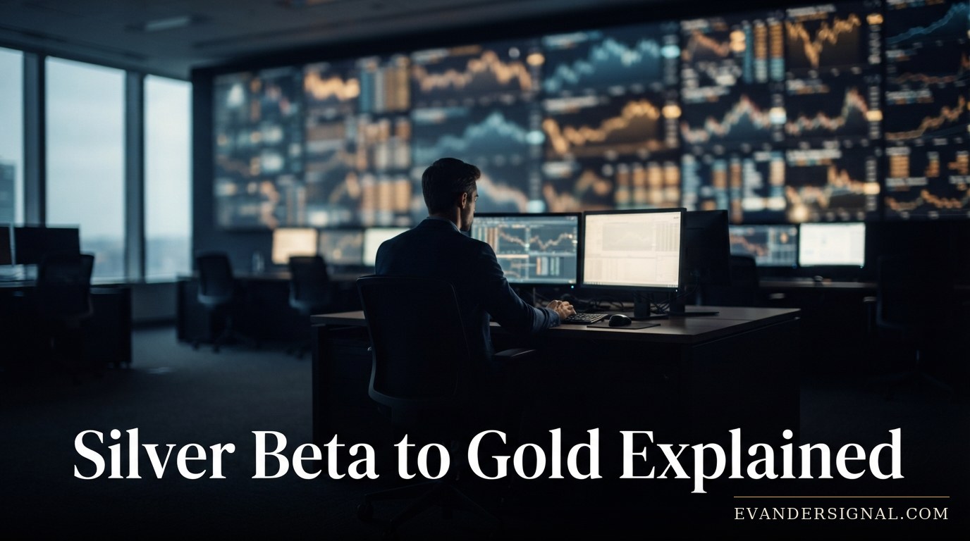 Silhouetted trader before glowing screens, evoking dollar strength weighing on silver and gold markets.