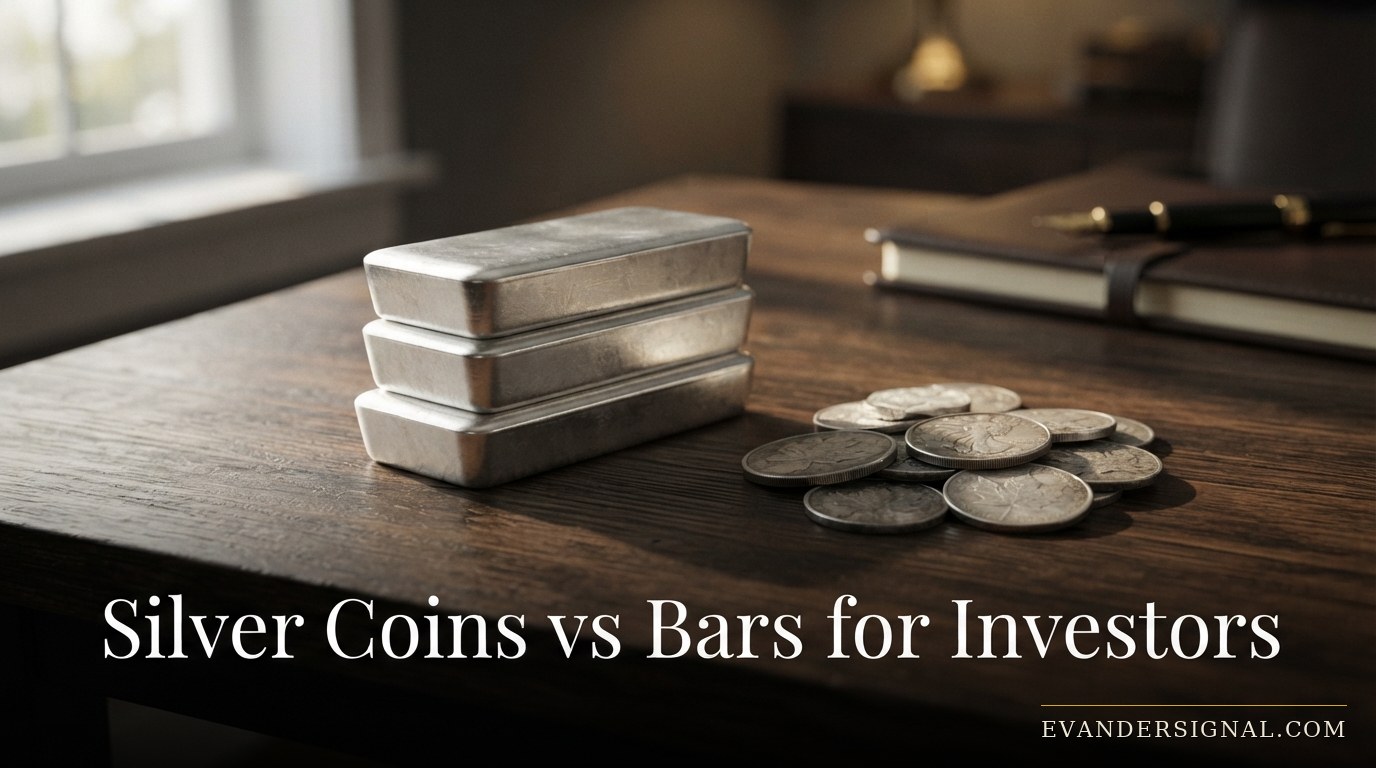 Silver bullion bars stacked beside a scattered pile of silver coins on a dark wooden desk in soft natural light.