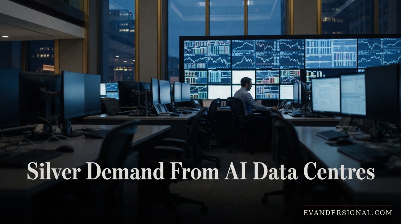 Silhouetted trader on a dimly lit bond trading floor, screens glowing in the background