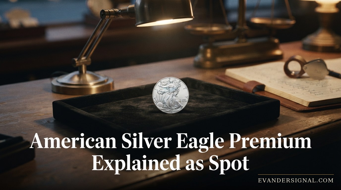 A single American Silver Eagle coin under lamp light on a dealer's velvet tray