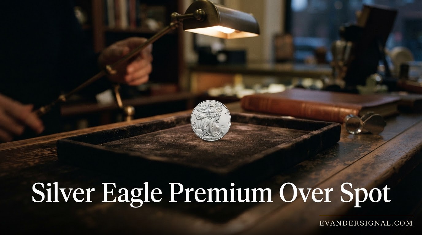 A single silver coin lit under a desk lamp on a dealer's counter at dusk