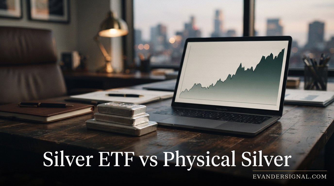 Silver bars and a laptop on a desk, evoking the choice between physical silver and an ETF