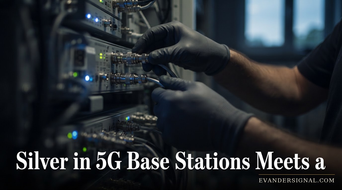Technician's hands connecting silver-plated components inside a 5G base station cabinet at dusk.