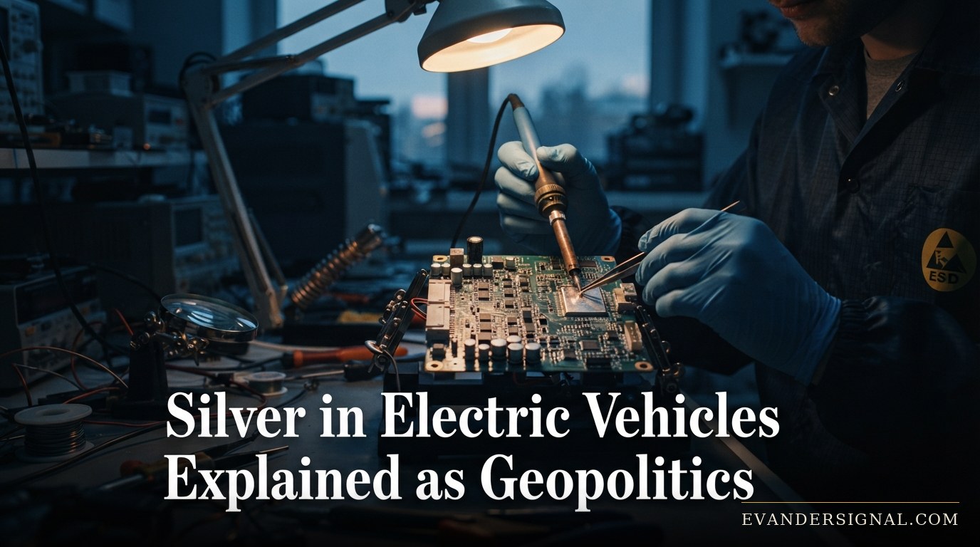 Technician soldering a silver-plated electrical contact onto an EV battery circuit board under workshop lamp light.