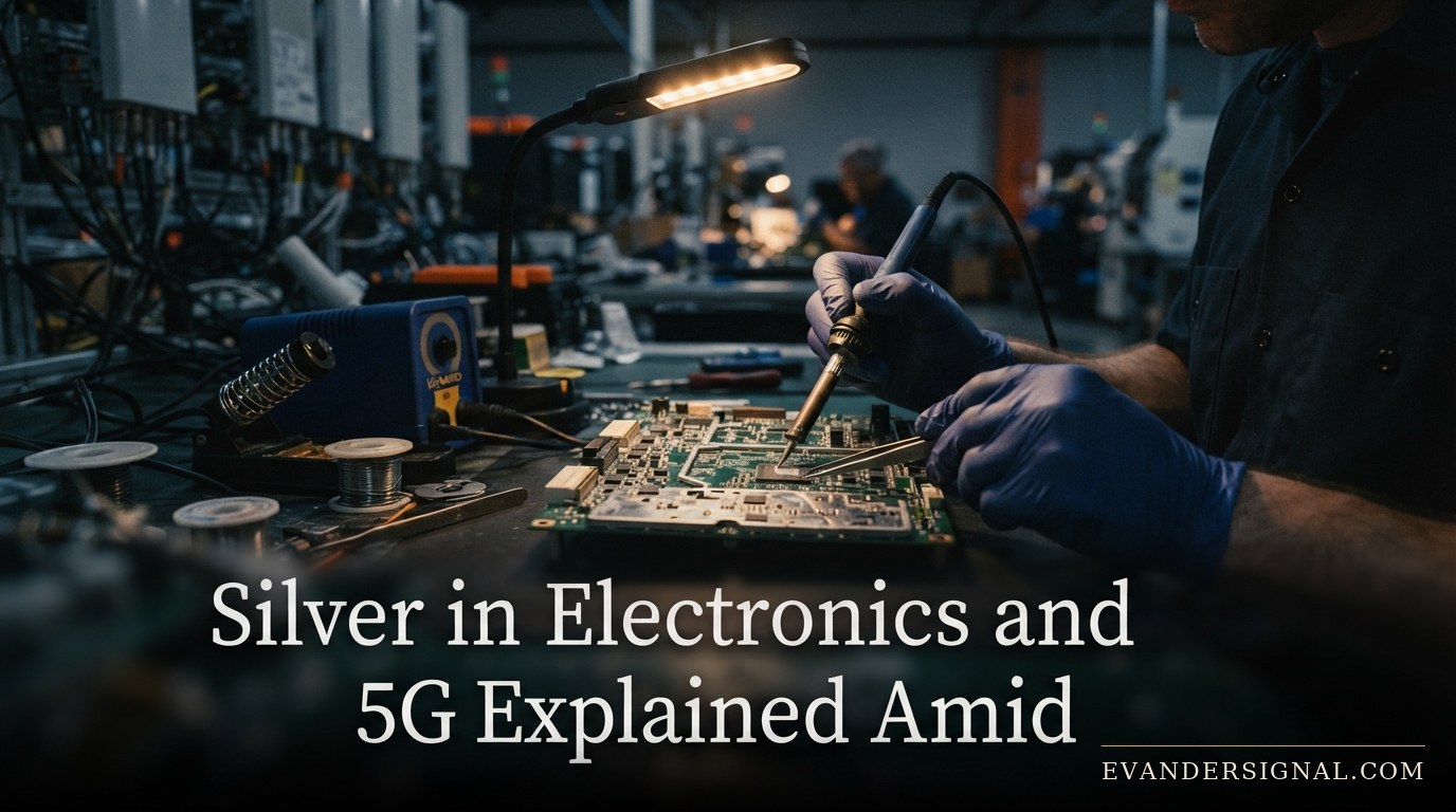 Technician assembling a silver-plated circuit board on an electronics production line, 5G equipment racks blurred behind.