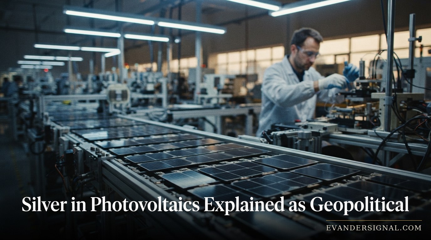 Technician inspecting silicon wafers on a solar panel production line under industrial lighting.