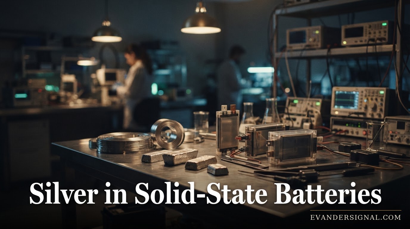Silver ingots and battery components on a lab workbench under moody industrial lighting