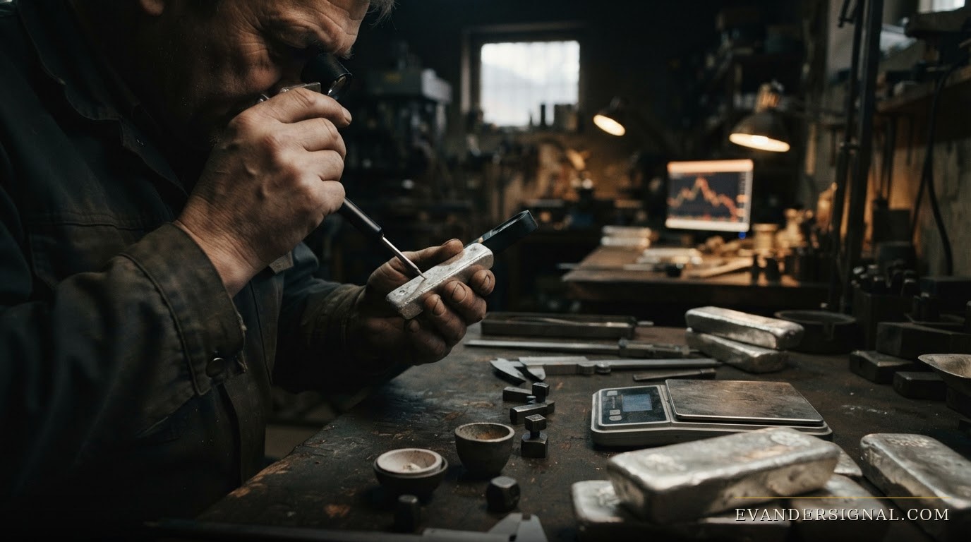 Close-up of silver bars on a workbench in a dimly lit workshop, evoking industrial use and market value