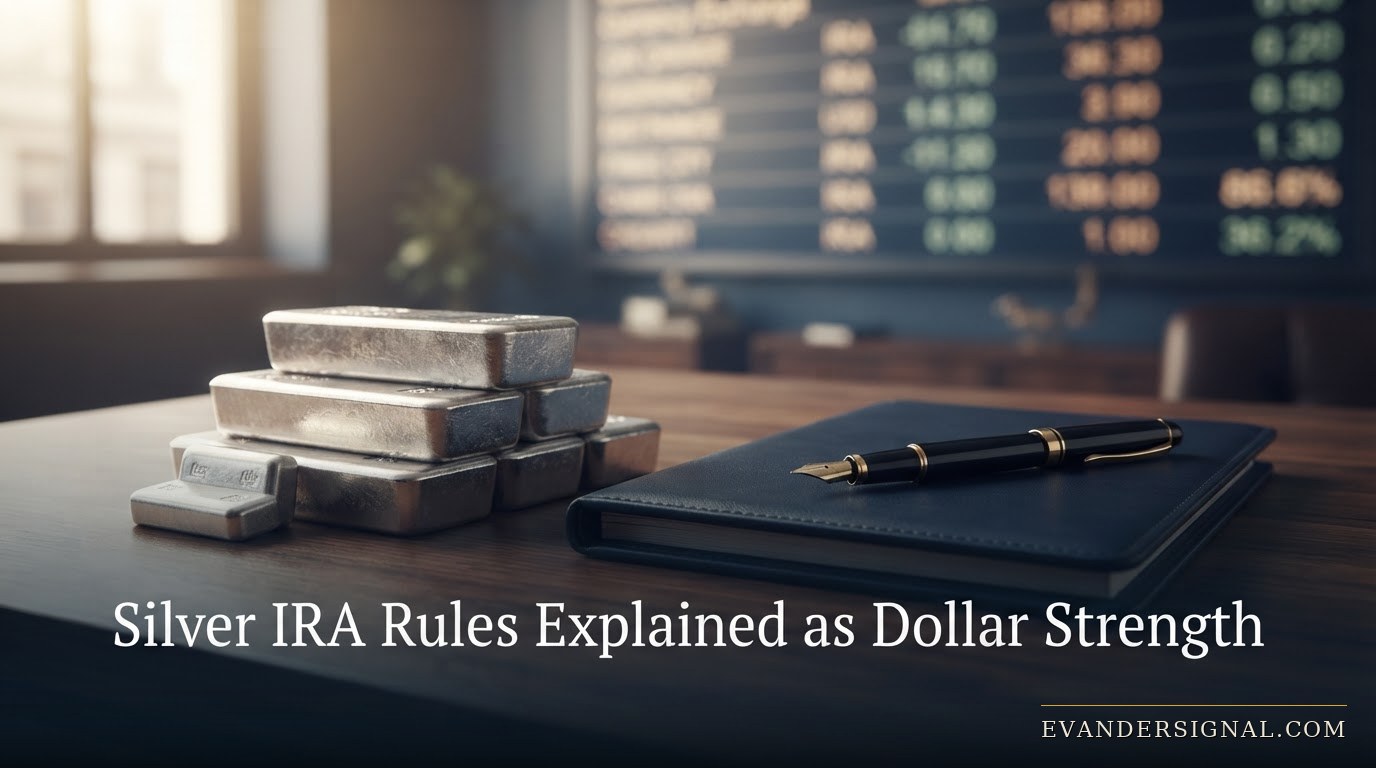 Silver bullion bars beside a retirement account folder on a desk, evoking silver IRA rules and today's dollar-driven market move.