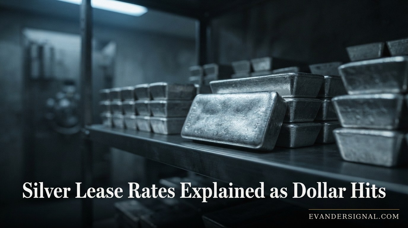 Stacked silver bullion bars in a dimly lit vault, evoking the physical metal behind lease-rate markets.
