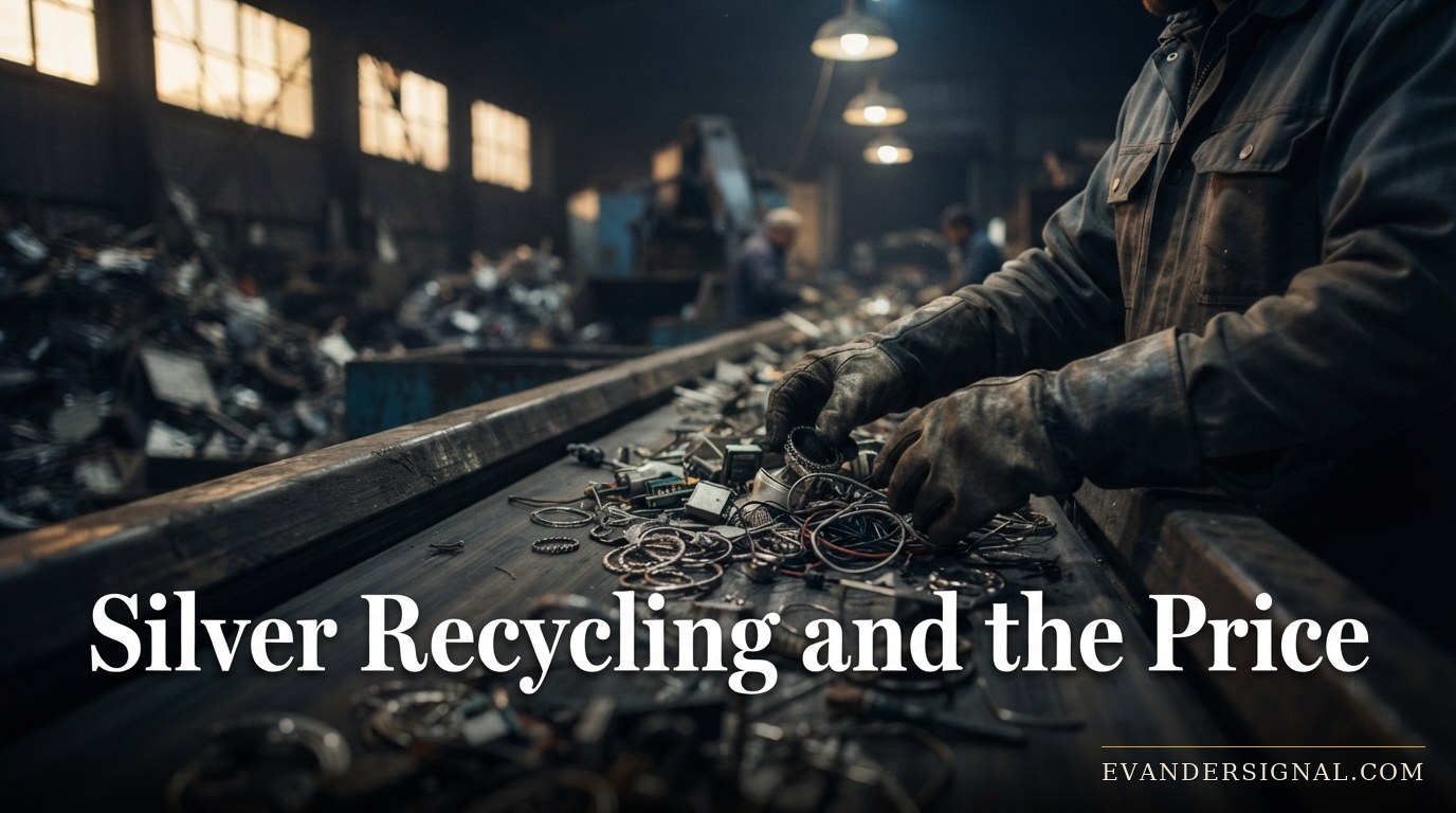 Worker sorting scrap silver jewellery and electronics on a conveyor belt in an industrial recycling facility