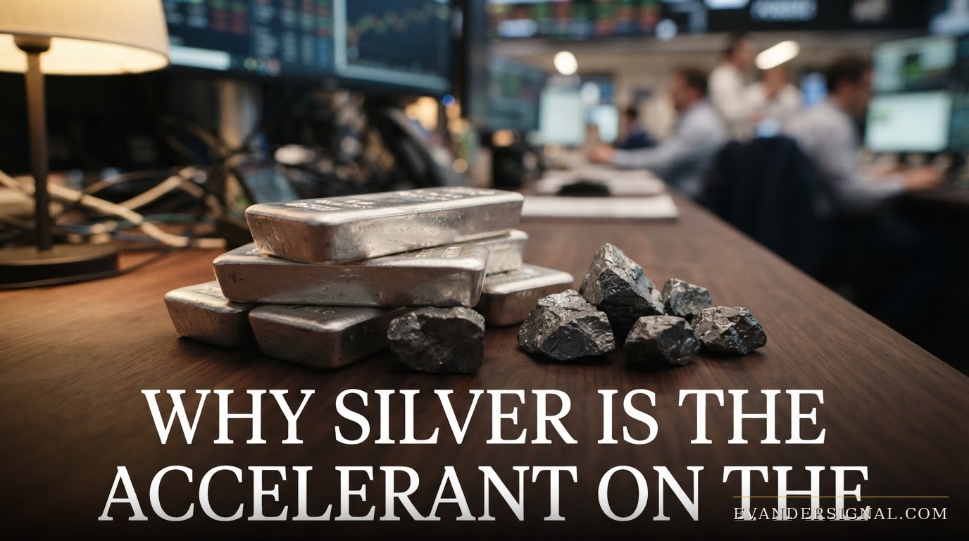 Silver bars on a trading desk with a blurred precious-metals trading floor in the background.