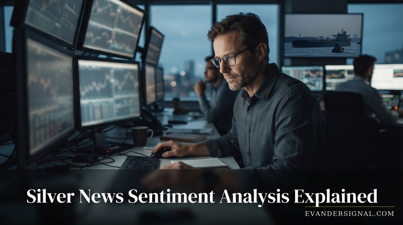Trader reading wire headlines at dusk with muted monitor glow, evoking geopolitical risk driving silver market sentiment