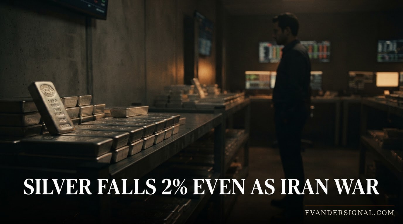 Silver bars under low amber light with a trader's silhouette in the background, evoking market tension.