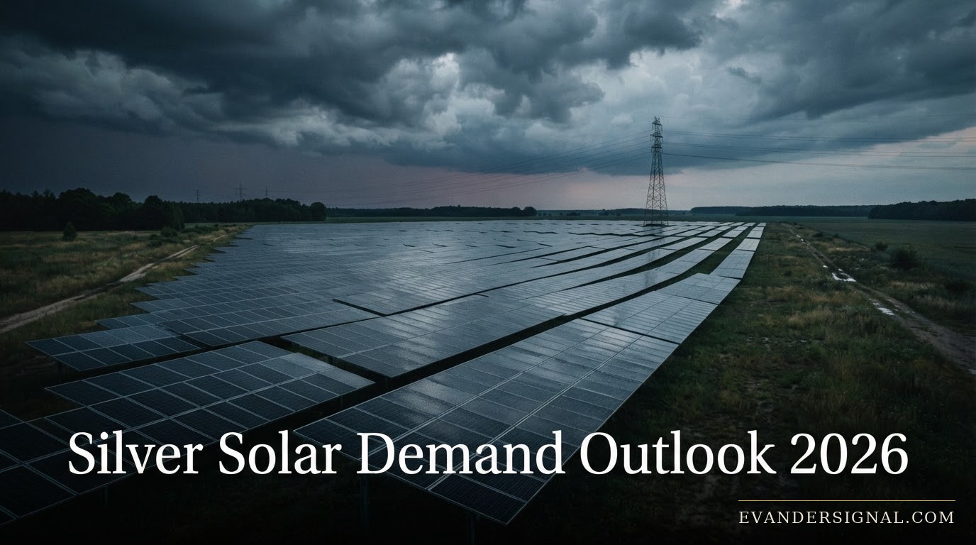 Solar panel field under a dramatic dusk sky, reflecting silver-grey light, symbolising silver's industrial demand story.