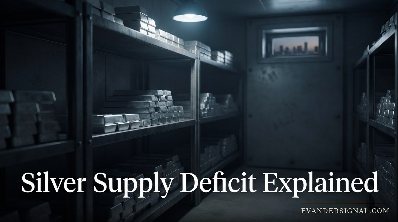 Stacked silver bars in a dim vault, lit from above, evoking market tension amid global unrest."
}