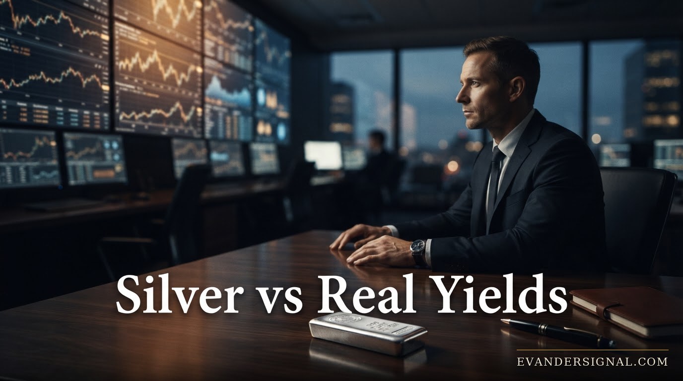 Trader at monitors beside a silver bullion bar, evoking silver's link to interest rate and yield news