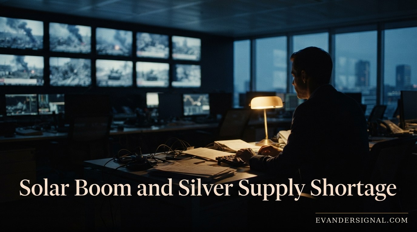 Trader silhouetted before muted news screens at dusk, evoking geopolitical tension driving precious metals markets