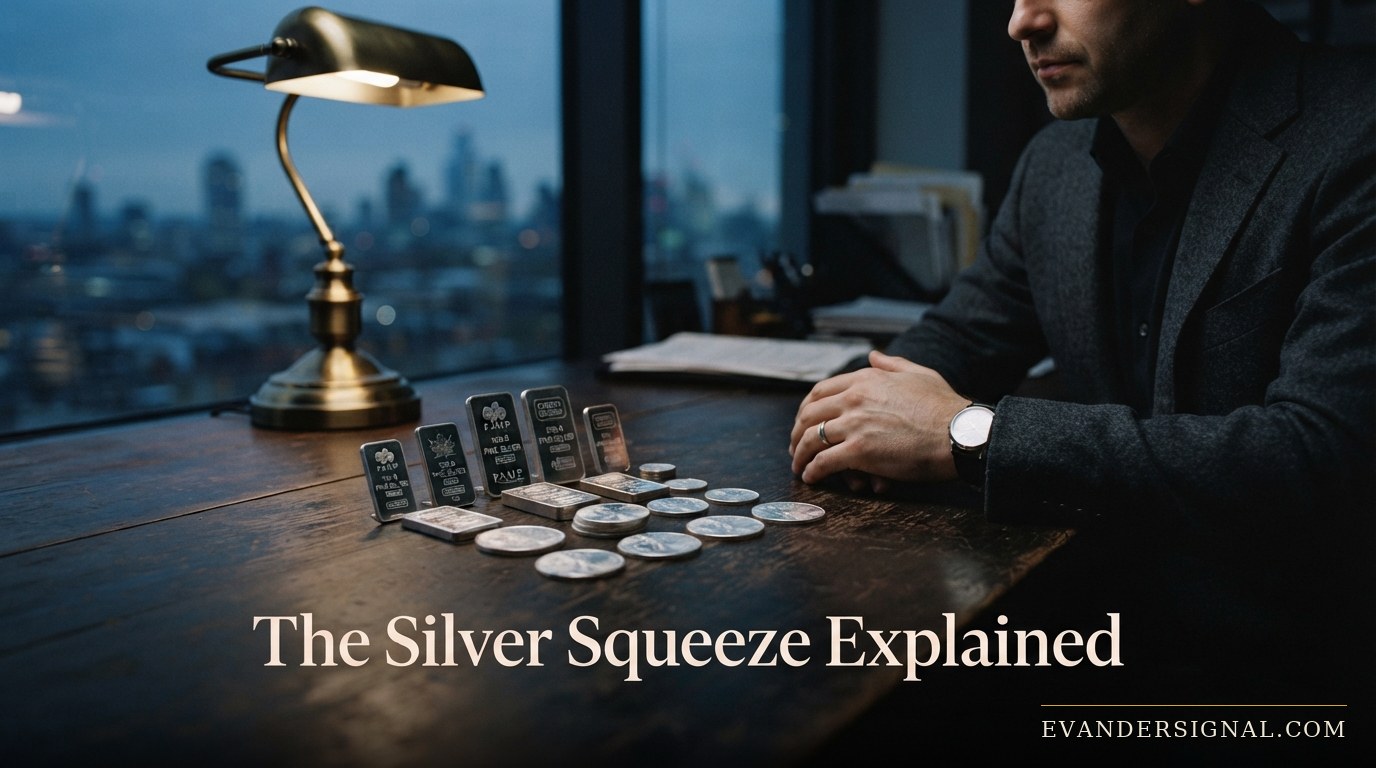 Silver bars on a dark trading desk lit by lamp and dusk light, evoking market tension around silver