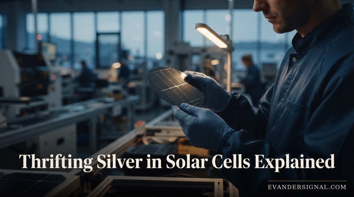 Technician inspecting a solar cell's fine silver conductive lines on a factory production line