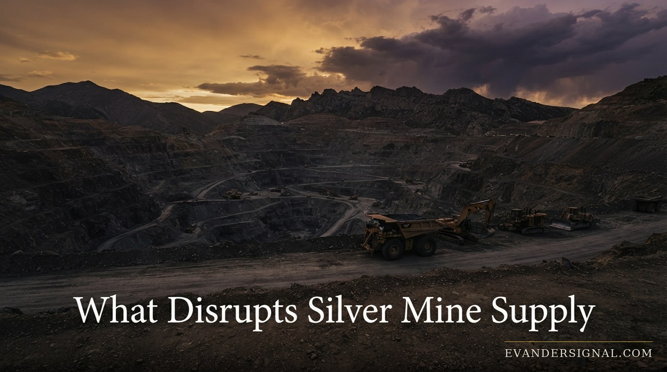 A remote open-pit silver mine at dusk with idle machinery under a stormy amber sky