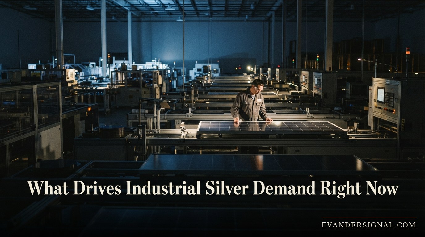 Solar panel factory floor at dusk, symbolising the industrial manufacturing demand behind silver consumption.