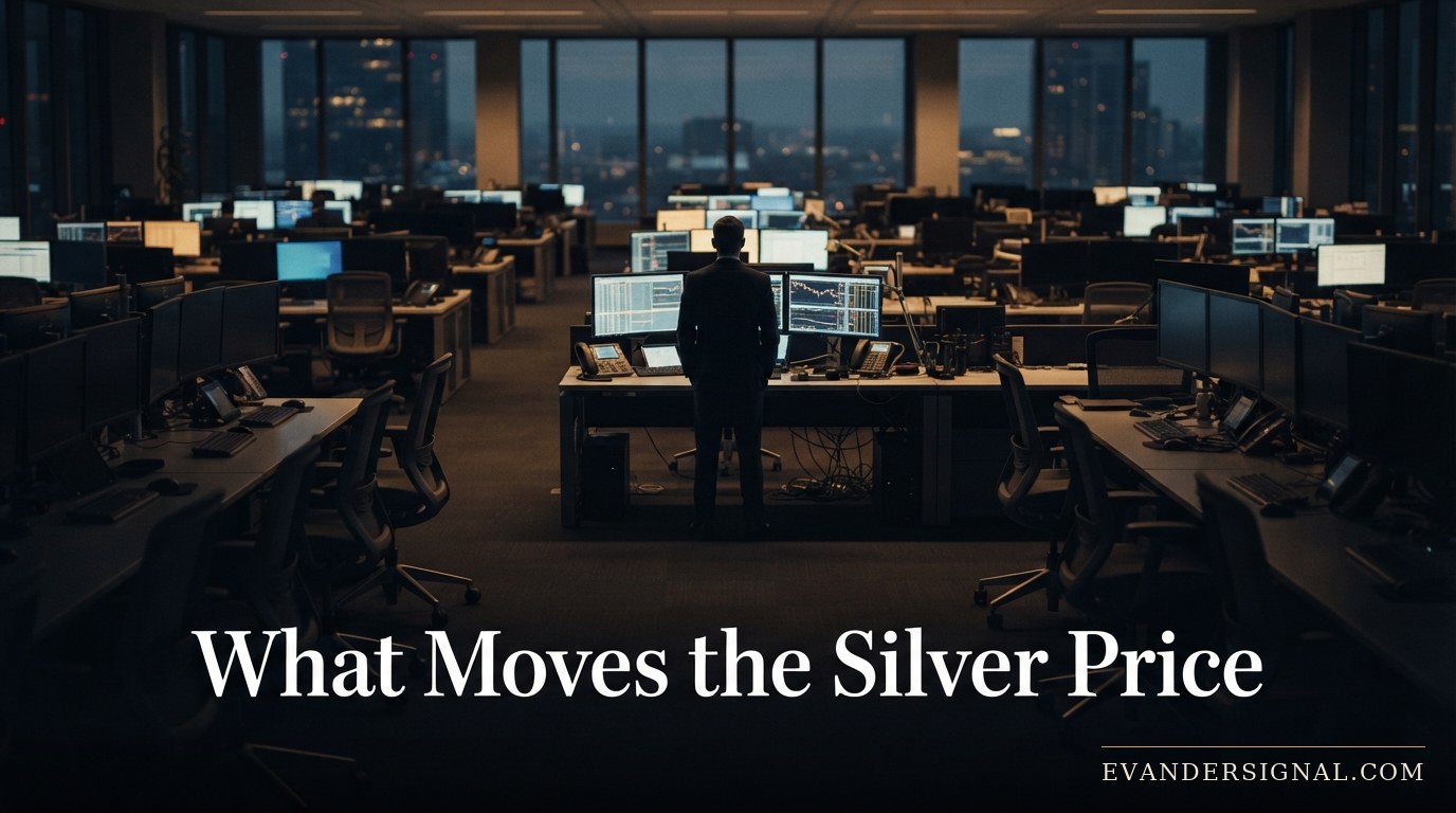 Lone trader silhouetted against glowing screens on a quiet trading floor at dusk