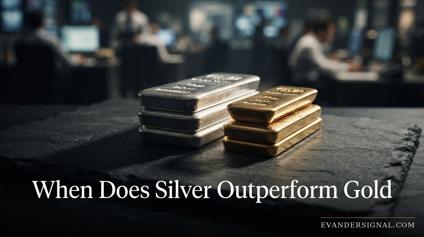 Silver and gold bullion bars side by side under dramatic low lighting, symbolising the gold-silver ratio.